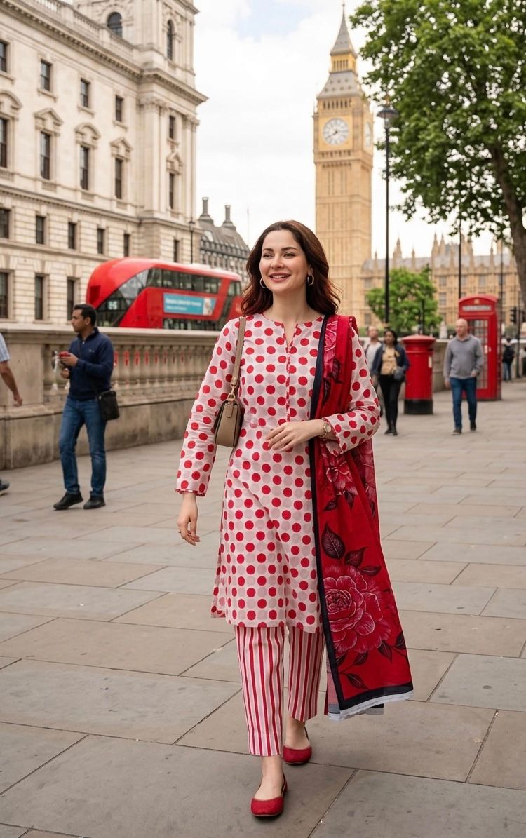 3 piece lawn suit Polka Dots Printed Red Devil