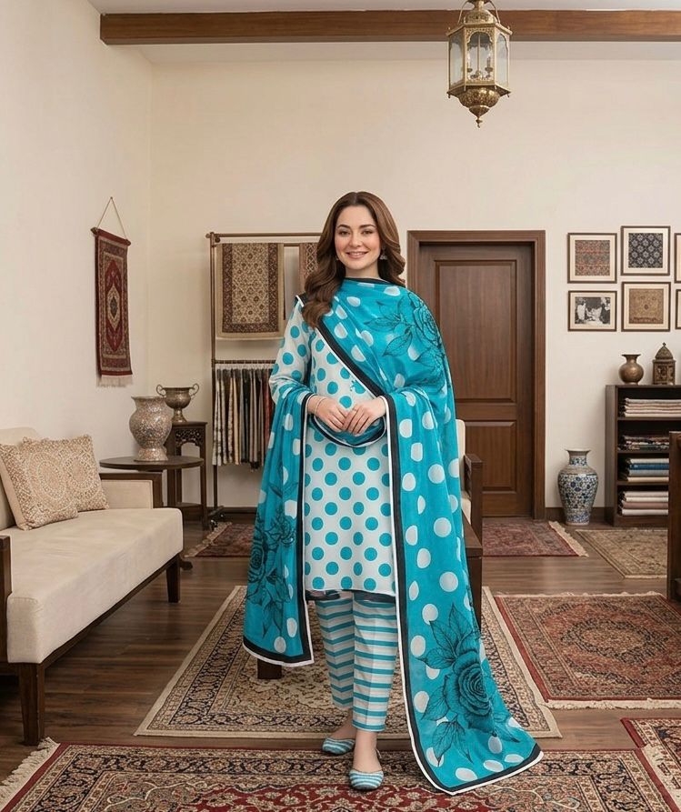 3 piece lawn suit Polka Dots Printed Rich Electric Blue