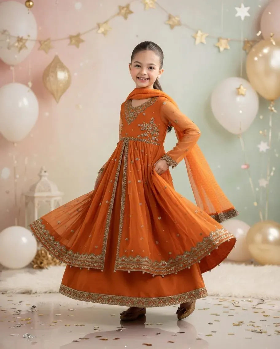 Orange Embroidered Lawn Girl's 3Pcs Set