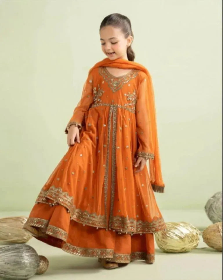 Orange Embroidered Lawn Girl's 3Pcs Set