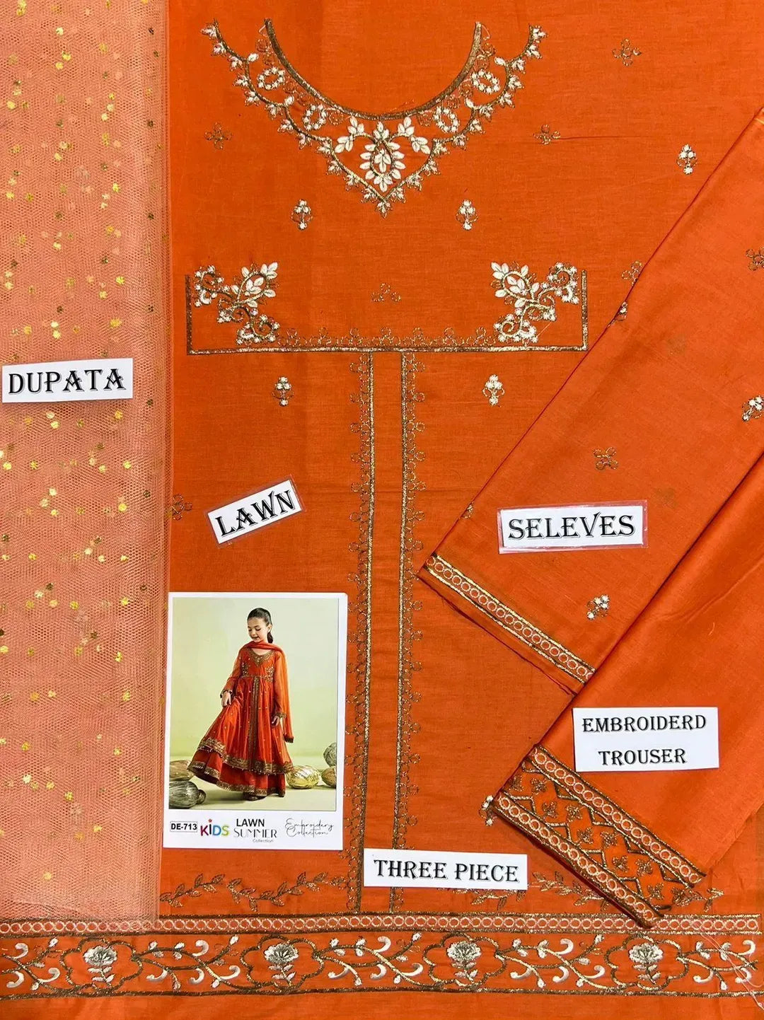 Orange Embroidered Lawn Girl's 3Pcs Set