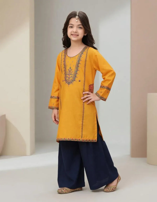 Girls Lawn Embroidered Kurta Set Yellow 3-4Yrs
