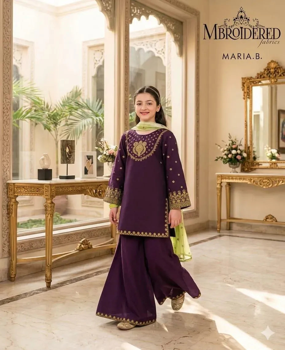 Purple Embroidered Lawn Girl's 3Pcs Set