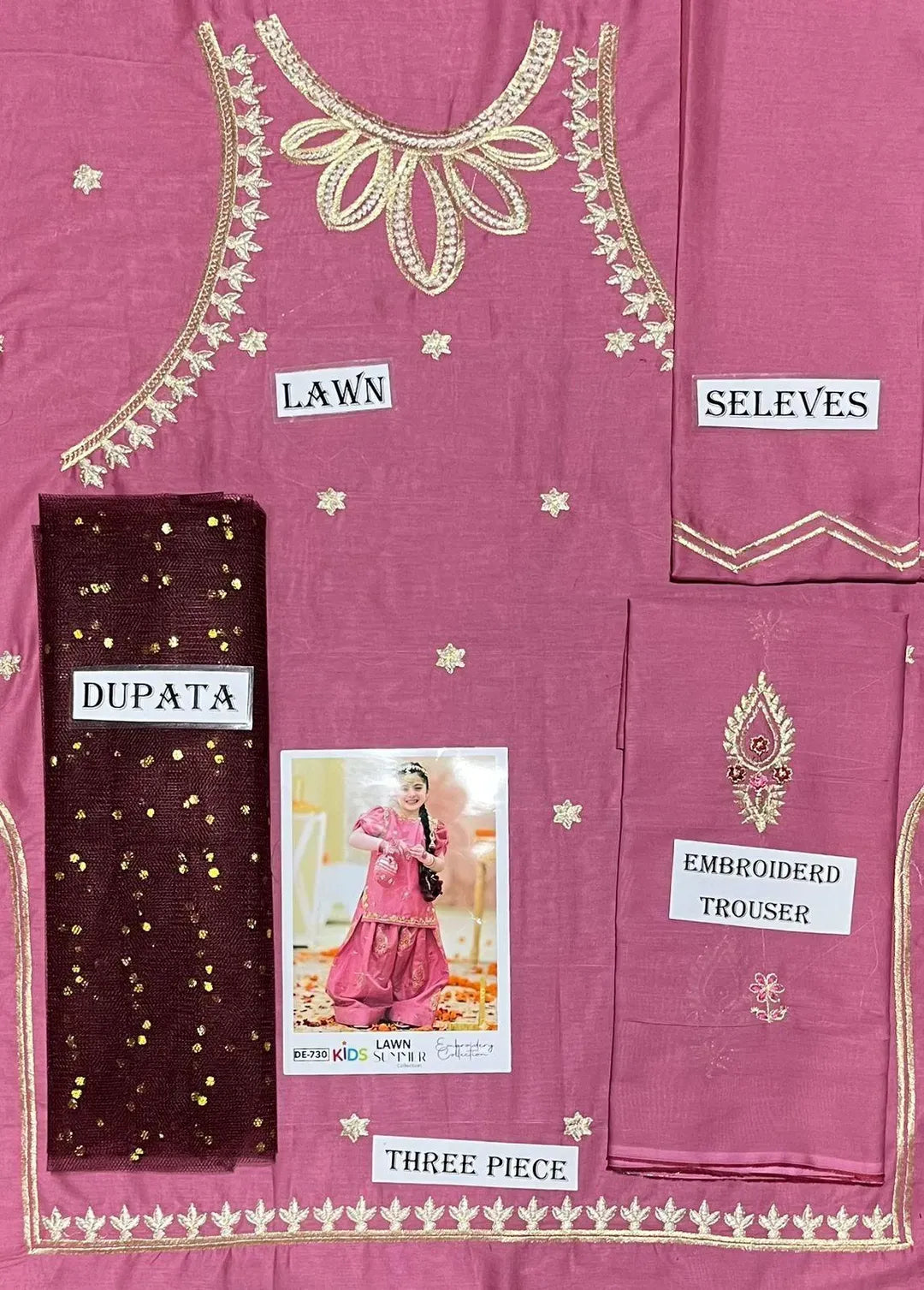 Pink Embroidered Girl's 3-Piece Lawn Suit Set
