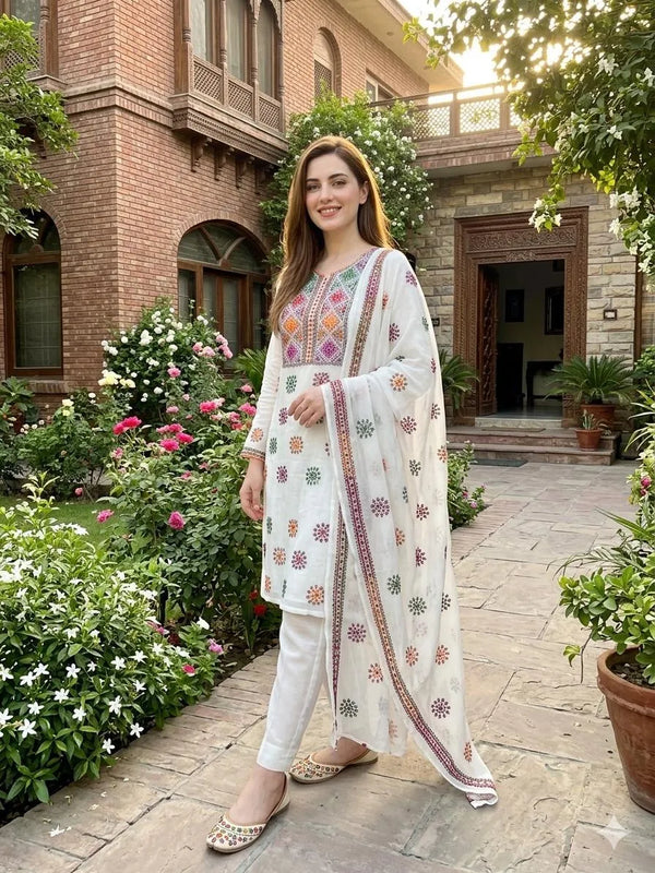 White Chiffon Hand Embroidered 2Pcs Set