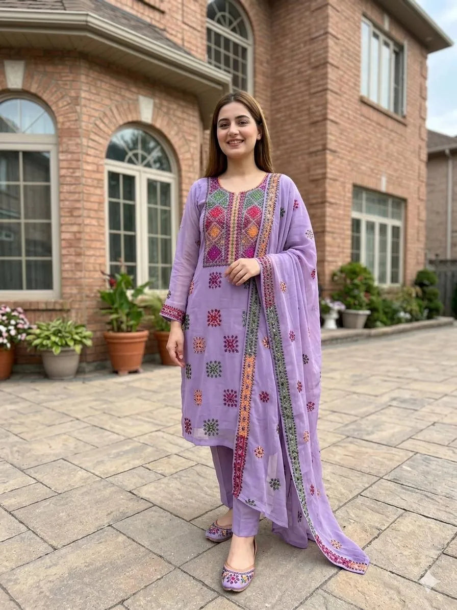 Purple Chiffon Hand Embroidered 2Pcs Set