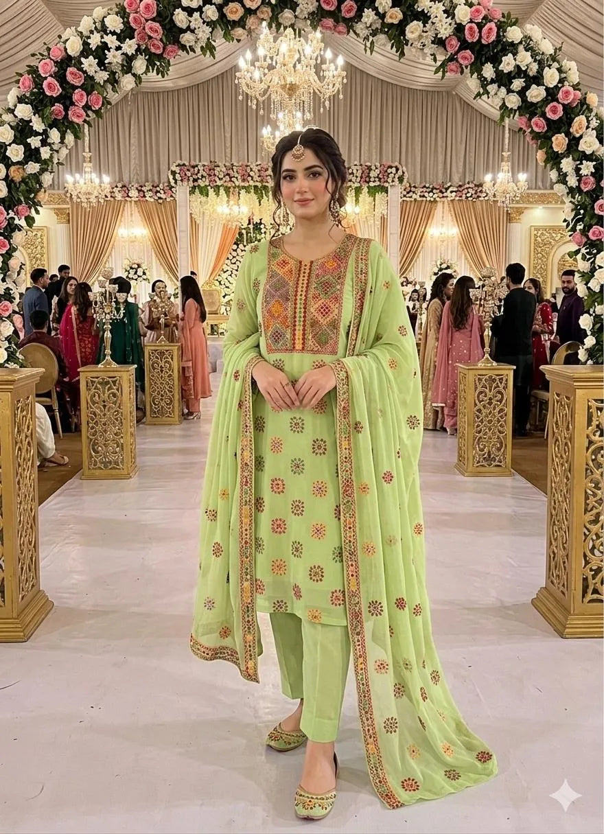 Green Chiffon Hand Embroidered 2Pcs Set