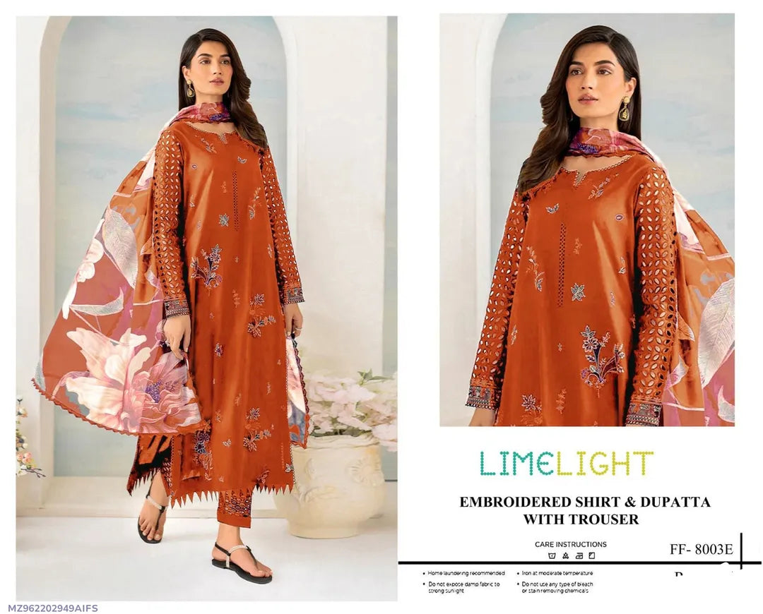 Orange Embroidered Lawn 3Pcs Set with Dupatta