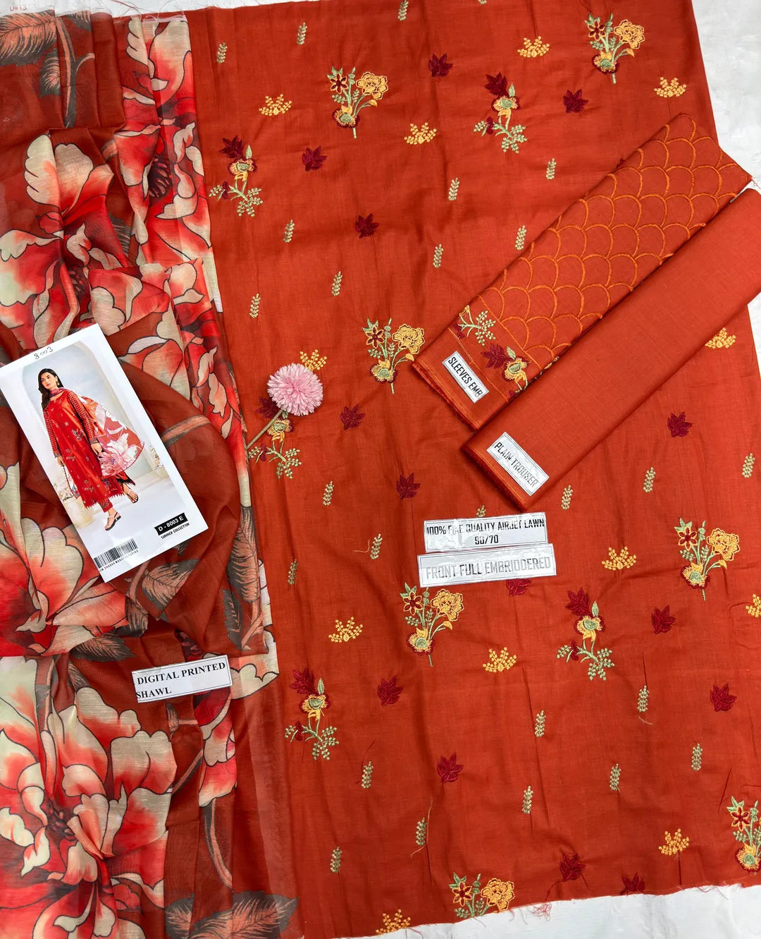 Orange Embroidered Lawn 3Pcs Set with Dupatta
