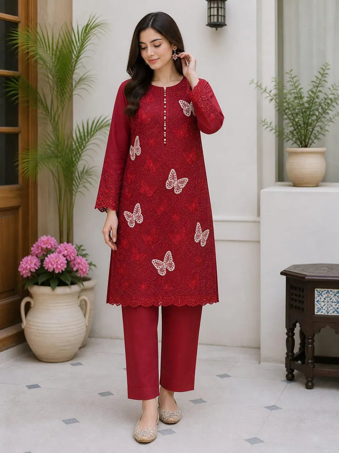 Red Embroidered Lawn 2-Piece Kurta Set for Women