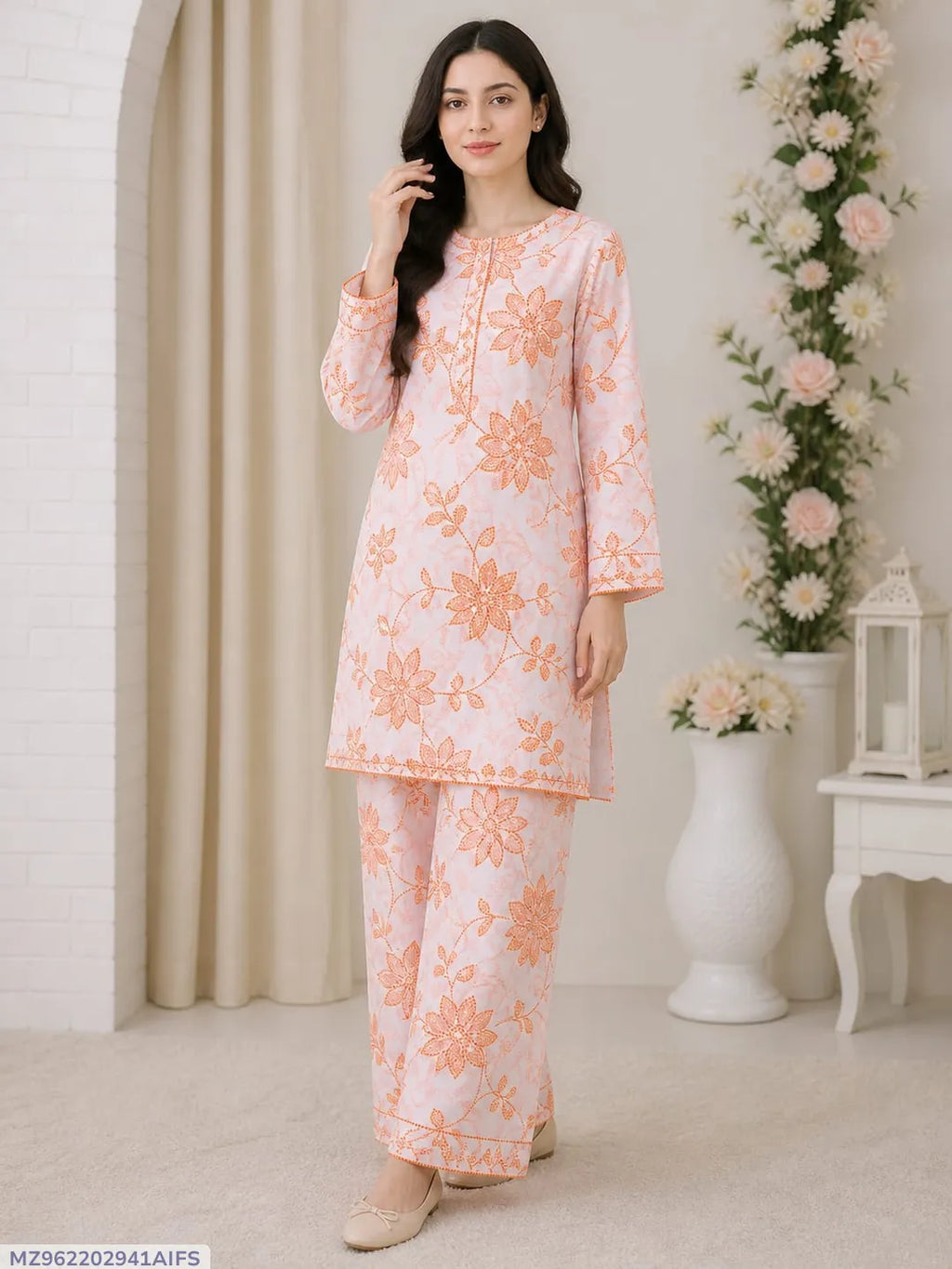 Orange Printed Lawn 2Pcs Shirt Trouser Set