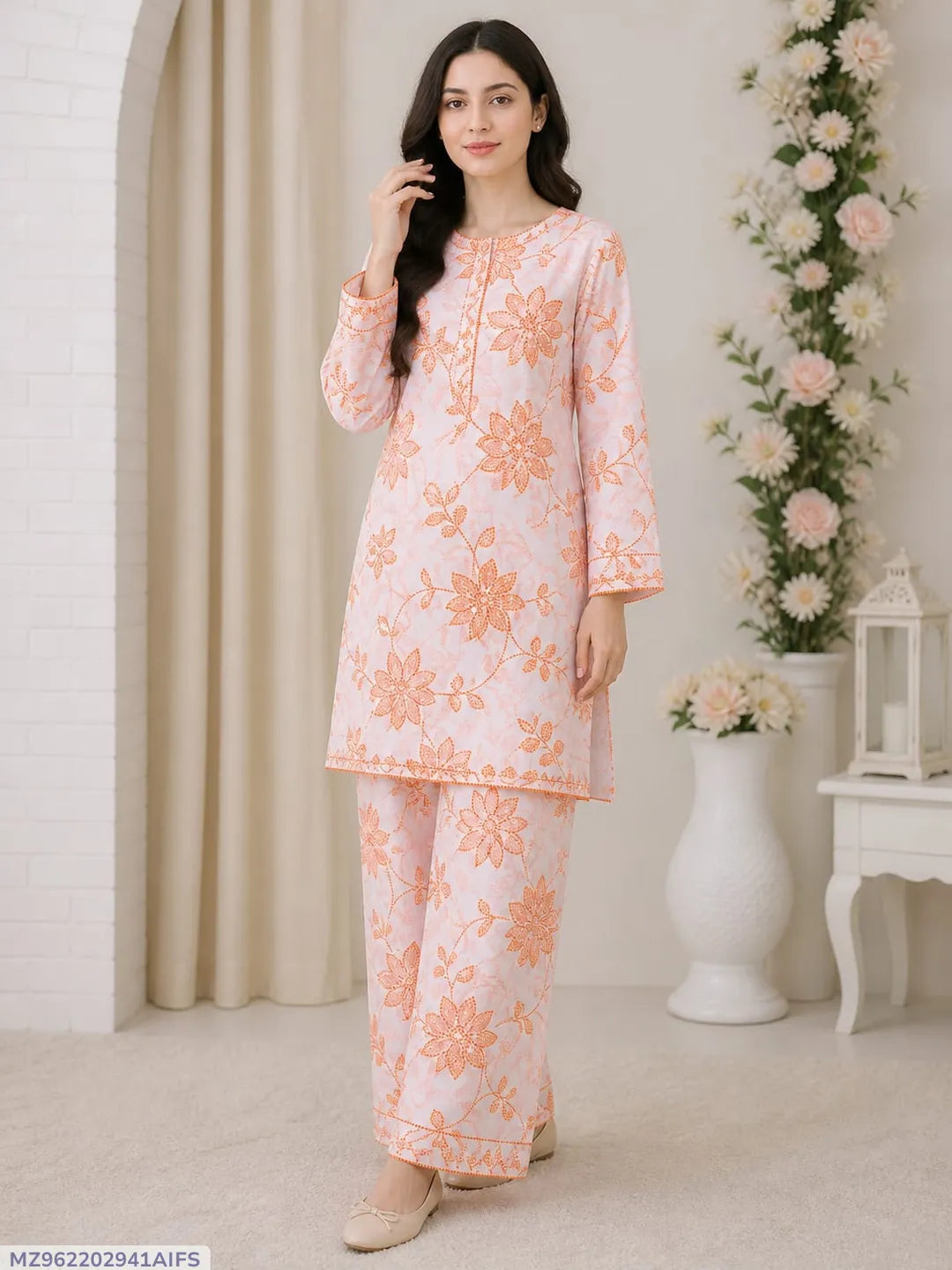 Orange Printed Lawn 2Pcs Shirt Trouser Set